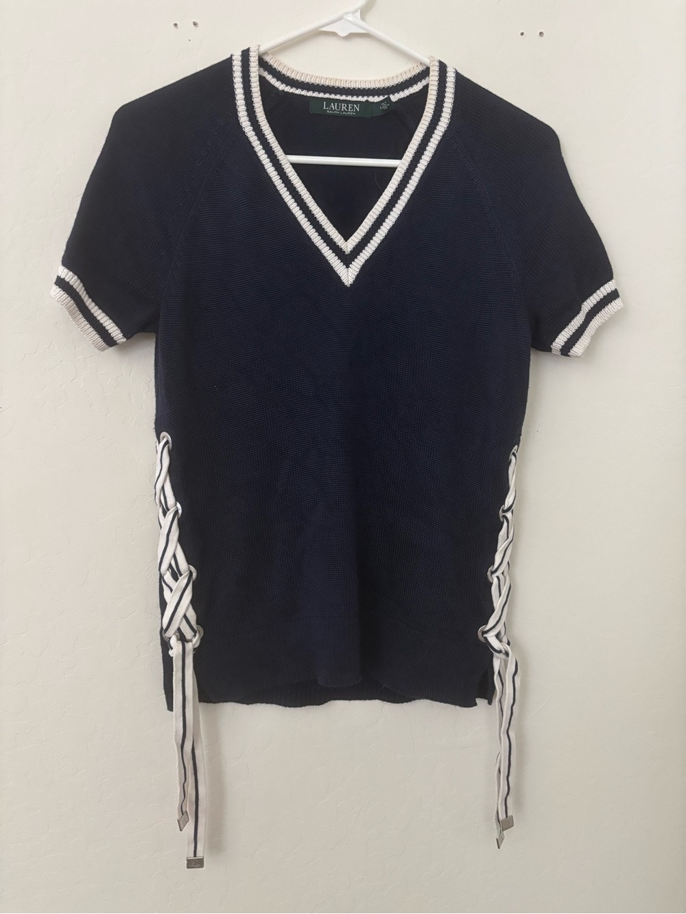Lauren Ralph Lauren Navy Short‑Sleeve V‑Neck Sweater with White Trim
